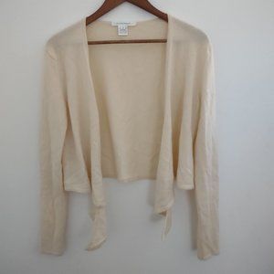 ELLEN TRACY 100 % Cashmere Crop Cardigan Tie Front Beige Long Sleeve Sweater